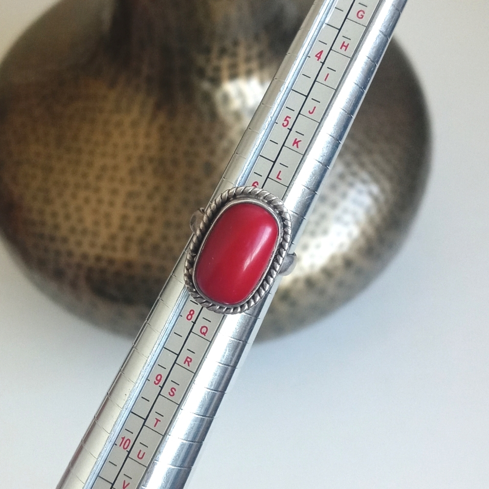 Vintage Red Coral Gemstone 925 Sterling Silver Ring from India Size 7 - Picture 3 of 16